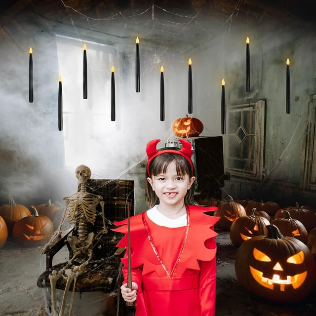 Alt view image 2 of 6 - 10Pcs 10.8" Floating Candle with Wand, 6/18H Timer, Halloween Decor Flickering Warm Light, Battery Operated, Flameless Taper Magic Hanging Candles, Witch Wizard Gift(Black)