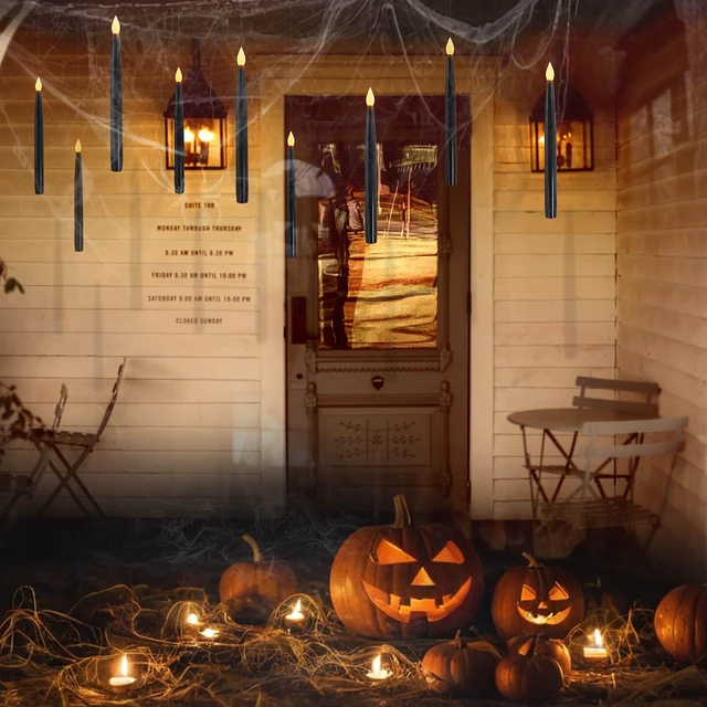 Alt view image 5 of 6 - 10Pcs 10.8" Floating Candle with Wand, 6/18H Timer, Halloween Decor Flickering Warm Light, Battery Operated, Flameless Taper Magic Hanging Candles, Witch Wizard Gift(Black)