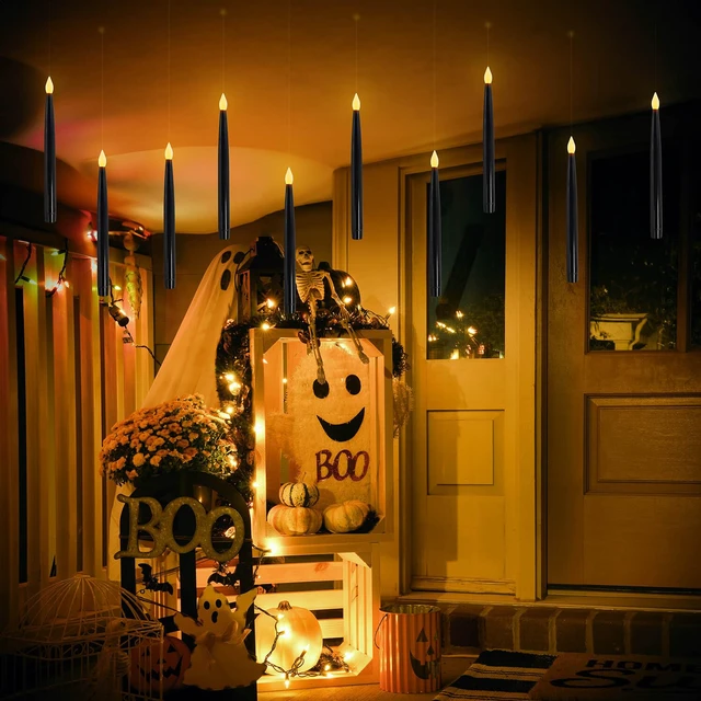 Alt view image 6 of 6 - 10Pcs 10.8" Floating Candle with Wand, 6/18H Timer, Halloween Decor Flickering Warm Light, Battery Operated, Flameless Taper Magic Hanging Candles, Witch Wizard Gift(Black)