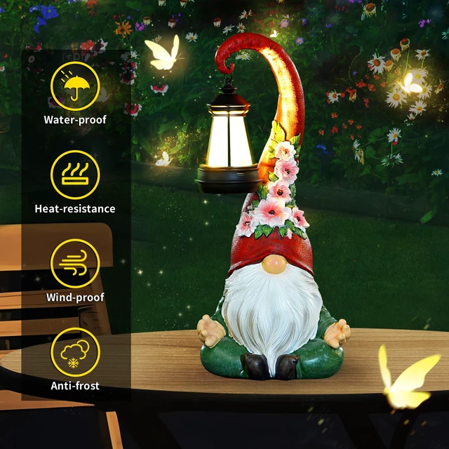 Alt view image 2 of 7 - Solar Garden Gnome Statue, 13.1 Inch Zen Gnome with Lantern for Yard Decor Solar-powered resin figurine with auto dusk lighting for patio, porch, lawn and balcony decor; a peaceful gift for women