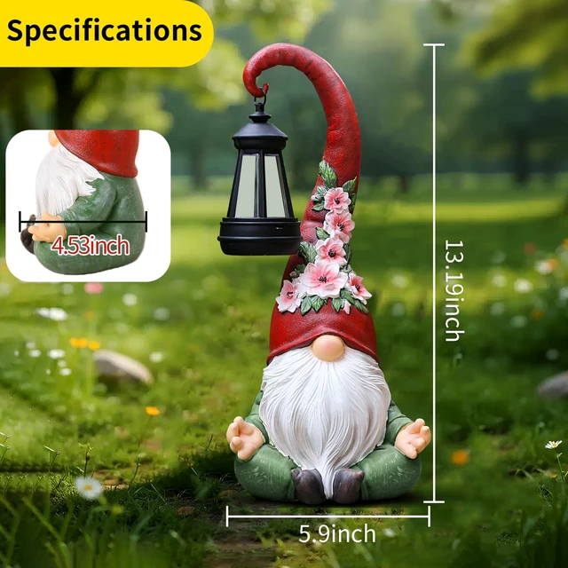 Alt view image 4 of 7 - Solar Garden Gnome Statue, 13.1 Inch Zen Gnome with Lantern for Yard Decor Solar-powered resin figurine with auto dusk lighting for patio, porch, lawn and balcony decor; a peaceful gift for women