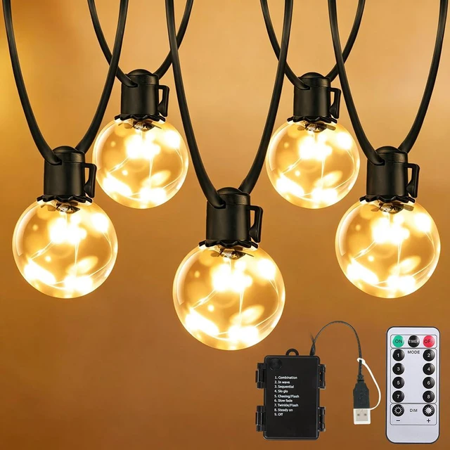 Main image of Outdoor String Lights Battery Operated, 20ft 15 LED Bulbs Lights Warm White,Dimmable,Timer,Remote,Hanging Globe G40 Bulb Shatterproof & Waterproof for Patio Backyard Balcony Christmas Decor