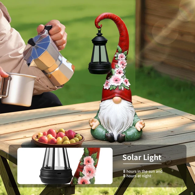 Alt view image 5 of 7 - Solar Garden Gnome Statue, 13.1 Inch Zen Gnome with Lantern for Yard Decor Solar-powered resin figurine with auto dusk lighting for patio, porch, lawn and balcony decor; a peaceful gift for women