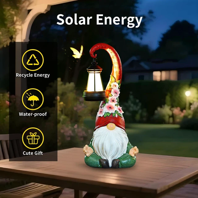 Alt view image 6 of 7 - Solar Garden Gnome Statue, 13.1 Inch Zen Gnome with Lantern for Yard Decor Solar-powered resin figurine with auto dusk lighting for patio, porch, lawn and balcony decor; a peaceful gift for women