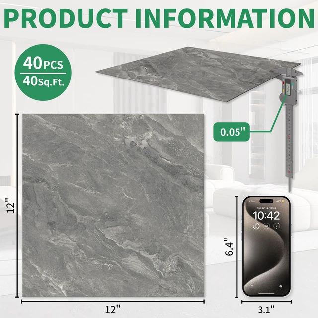 Alt view image 3 of 7 - 40-Pack Peel & Stick Floor Tiles 12 x 12 inch Vinyl Floor Self Adhesive Waterproof Flooring Planks DIY for Bathroom, Kitchen, Living Room, RV, Cover 40 Sq. Ft, Dark Grey Marble