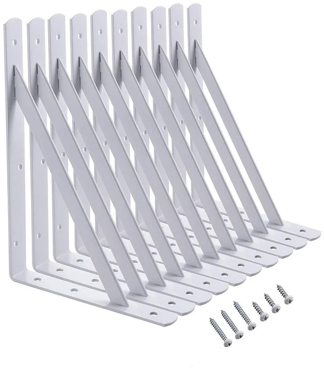 Main image of Heavy Duty Shelf Brackets, 12 x 8 Inch White Metal L Brackets, 10 Pack 600LBS Per Pair, Stable Triangle Steel Design, Rust-Resistant Coating, Screws And Anchors Included For Space-Saving Storage