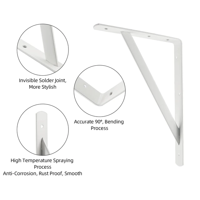 Alt view image 2 of 7 - Heavy Duty Shelf Brackets, 12 x 8 Inch White Metal L Brackets, 10 Pack 600LBS Per Pair, Stable Triangle Steel Design, Rust-Resistant Coating, Screws And Anchors Included For Space-Saving Storage