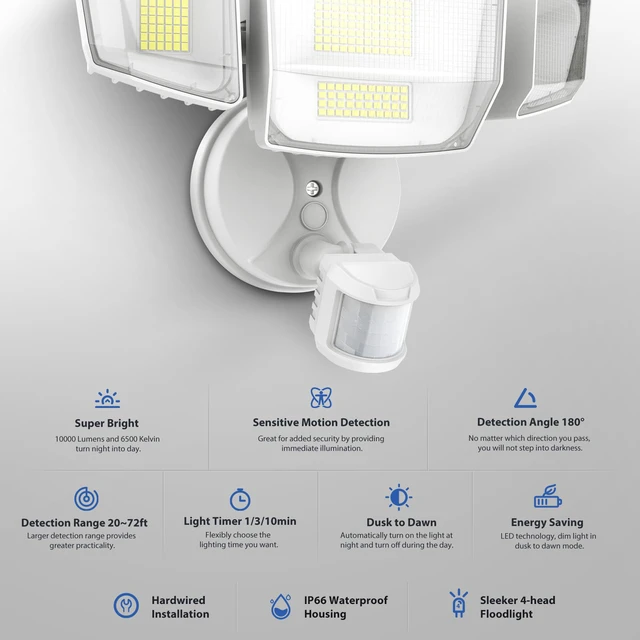 Alt view image 3 of 7 - 90W 10000LM LED Motion Sensor Outdoor Lights, 4-Head Dusk to Dawn Outdoor Lighting, Hardwired Flood Lights, IP66 Waterproof 6500K Security Floodlight for Outside (White)