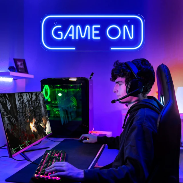 Alt view image 5 of 7 - Gaming Neon Sign, Game On Neon Sign for Game Room Decor - LED Game Neon Sign for Teen Boy Room Decor, Gamer Wall Decor - Best Gamer Gifts for Boys, Kids (Blue)