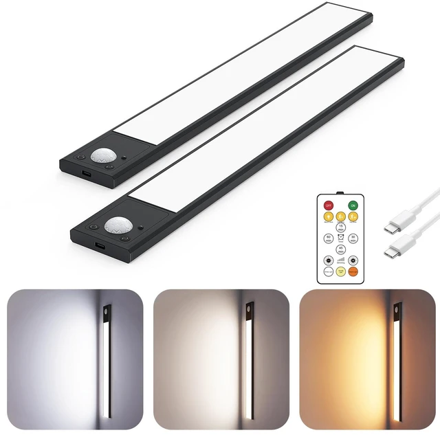 Main image of 12" Under Cabinet Lighting Wireless, Remote, Motion Sensor, 2Pack, Black 0.33" Ultra-thin Aluminum Alloy Body, USB-C Rechargeable, 3-Color-Temp, Dimming, Magnetic, 30Day Runtime for Kitchen Closet