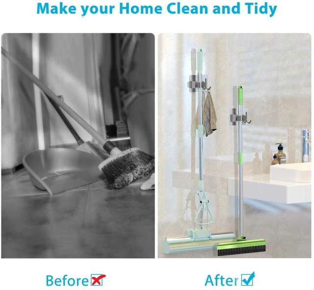 Alt view image 7 of 7 - Broom Holder Wall Mount 6Pcs, Self Adhesive Mop Broom Hanger Silver Self adhesive stainless steel broom organizer with 4 hooks, holds mops, brooms and garden tools without drilling