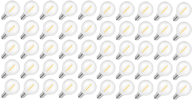 Main image of 50 Pack G40 LED Replacement String Light Bulbs, E12 Base, 1W,2700K Waterproof, Shatterproof, Energy Efficient, Dimmable, Equal to 5W Incandescent, Warm White, Not Solar String Compatible