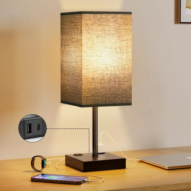 Main image of 17.4" Black Bedside Table Lamp for Bedroom, Dimmable, USB C+A, 2 AC Outlets 3-Way Touch Dimming, 3000K Warm White Bulb Included, Nightstand Lamp with Square Linen Shade, Room Decor for Men, Boys, Desk