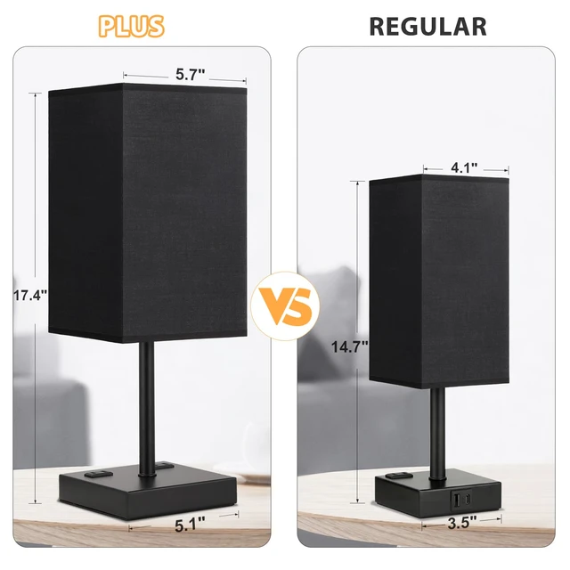 Alt view image 2 of 7 - 17.4" Black Bedside Table Lamp for Bedroom, Dimmable, USB C+A, 2 AC Outlets 3-Way Touch Dimming, 3000K Warm White Bulb Included, Nightstand Lamp with Square Linen Shade, Room Decor for Men, Boys, Desk