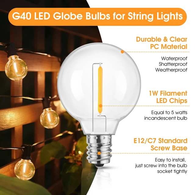 Alt view image 7 of 7 - 50 Pack G40 LED Replacement String Light Bulbs, E12 Base, 1W,2700K Waterproof, Shatterproof, Energy Efficient, Dimmable, Equal to 5W Incandescent, Warm White, Not Solar String Compatible