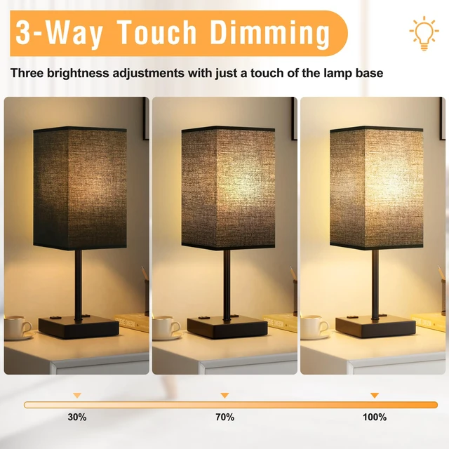 Alt view image 3 of 7 - 17.4" Black Bedside Table Lamp for Bedroom, Dimmable, USB C+A, 2 AC Outlets 3-Way Touch Dimming, 3000K Warm White Bulb Included, Nightstand Lamp with Square Linen Shade, Room Decor for Men, Boys, Desk