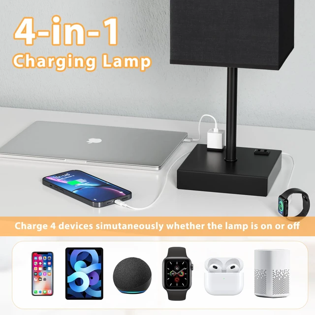 Alt view image 4 of 7 - 17.4" Black Bedside Table Lamp for Bedroom, Dimmable, USB C+A, 2 AC Outlets 3-Way Touch Dimming, 3000K Warm White Bulb Included, Nightstand Lamp with Square Linen Shade, Room Decor for Men, Boys, Desk