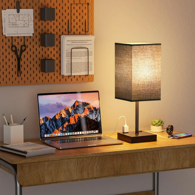 Alt view image 5 of 7 - 17.4" Black Bedside Table Lamp for Bedroom, Dimmable, USB C+A, 2 AC Outlets 3-Way Touch Dimming, 3000K Warm White Bulb Included, Nightstand Lamp with Square Linen Shade, Room Decor for Men, Boys, Desk