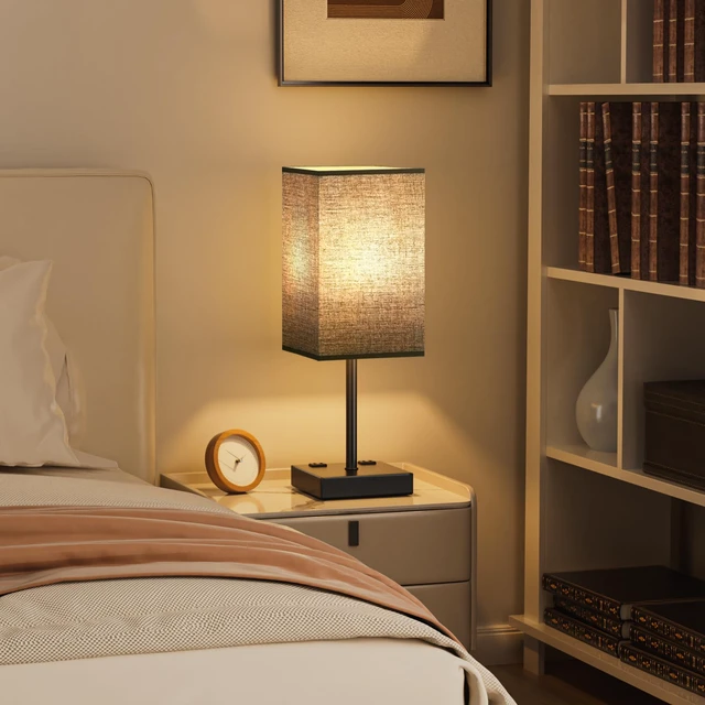 Alt view image 6 of 7 - 17.4" Black Bedside Table Lamp for Bedroom, Dimmable, USB C+A, 2 AC Outlets 3-Way Touch Dimming, 3000K Warm White Bulb Included, Nightstand Lamp with Square Linen Shade, Room Decor for Men, Boys, Desk