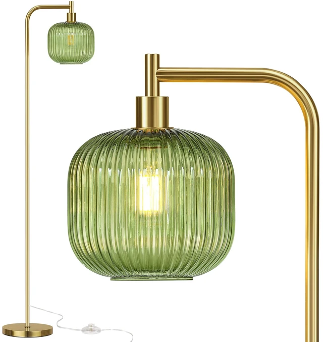 Main image of Modern Green Glass Floor Lamp for Living Room, Standing Lamp for Bedroom 2700K LED Bulb Included, Brushed Gold, 67" Tall Stand up Lamp, Large Ribbed Glass Lampshade, Pedal Switch, Easy to Install