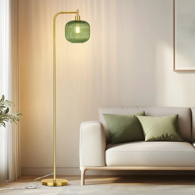 Alt view image 2 of 7 - Modern Green Glass Floor Lamp for Living Room, Standing Lamp for Bedroom 2700K LED Bulb Included, Brushed Gold, 67" Tall Stand up Lamp, Large Ribbed Glass Lampshade, Pedal Switch, Easy to Install
