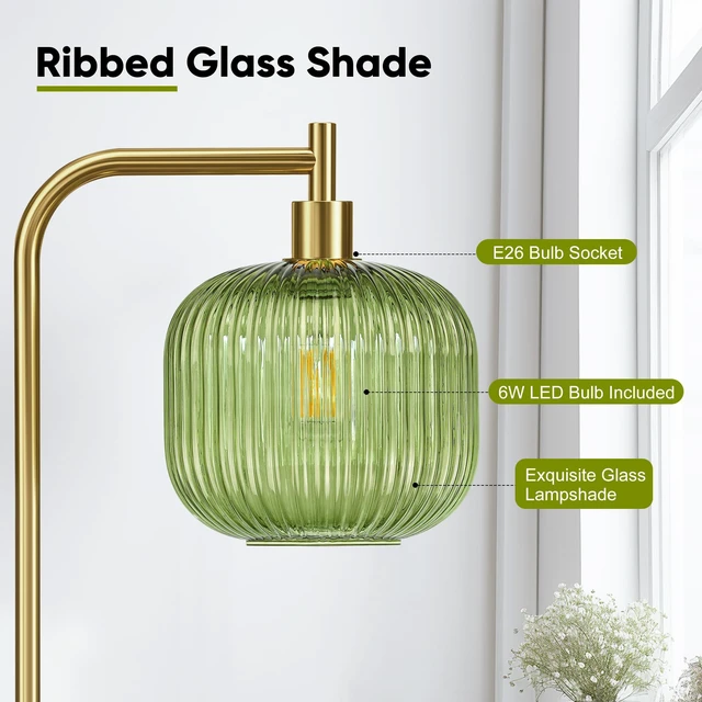 Alt view image 3 of 7 - Modern Green Glass Floor Lamp for Living Room, Standing Lamp for Bedroom 2700K LED Bulb Included, Brushed Gold, 67" Tall Stand up Lamp, Large Ribbed Glass Lampshade, Pedal Switch, Easy to Install