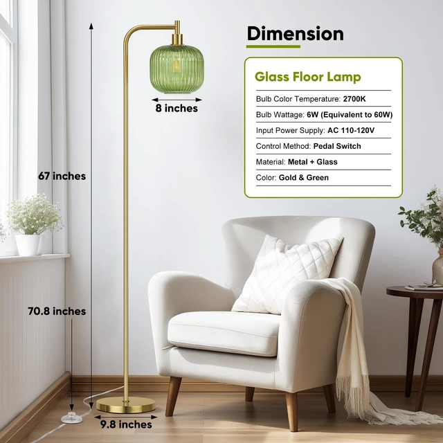 Alt view image 4 of 7 - Modern Green Glass Floor Lamp for Living Room, Standing Lamp for Bedroom 2700K LED Bulb Included, Brushed Gold, 67" Tall Stand up Lamp, Large Ribbed Glass Lampshade, Pedal Switch, Easy to Install