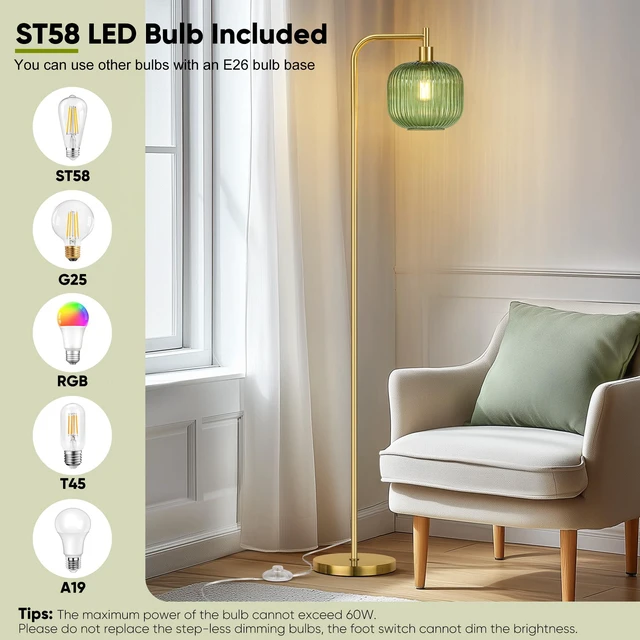 Alt view image 5 of 7 - Modern Green Glass Floor Lamp for Living Room, Standing Lamp for Bedroom 2700K LED Bulb Included, Brushed Gold, 67" Tall Stand up Lamp, Large Ribbed Glass Lampshade, Pedal Switch, Easy to Install