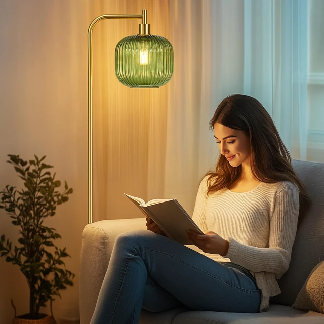 Alt view image 6 of 7 - Modern Green Glass Floor Lamp for Living Room, Standing Lamp for Bedroom 2700K LED Bulb Included, Brushed Gold, 67" Tall Stand up Lamp, Large Ribbed Glass Lampshade, Pedal Switch, Easy to Install