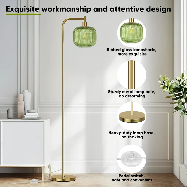Alt view image 7 of 7 - Modern Green Glass Floor Lamp for Living Room, Standing Lamp for Bedroom 2700K LED Bulb Included, Brushed Gold, 67" Tall Stand up Lamp, Large Ribbed Glass Lampshade, Pedal Switch, Easy to Install