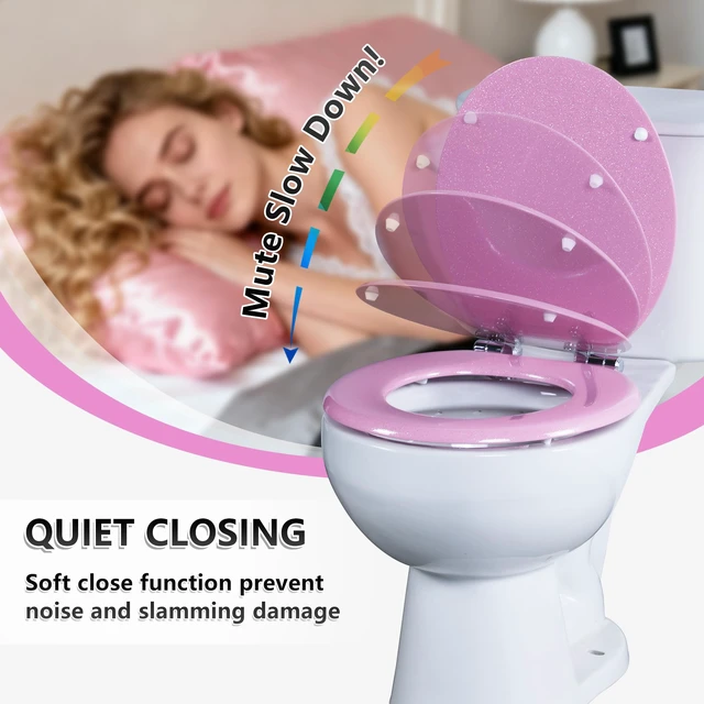 Alt view image 3 of 7 - Glitter Toilet Seat, Slow Close (Round, Pink) Molded Wood Round Toilet Seat, Quiet Close, Quick Release Hinges, Easy to Install and Clean