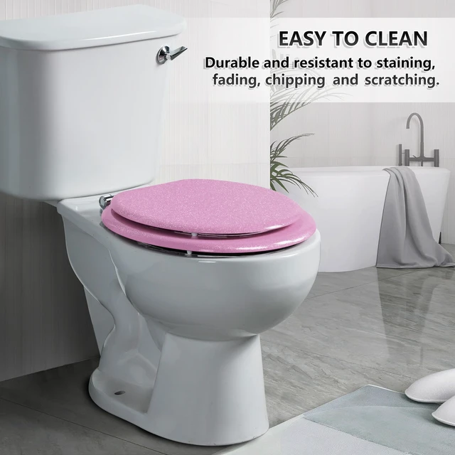 Alt view image 4 of 7 - Glitter Toilet Seat, Slow Close (Round, Pink) Molded Wood Round Toilet Seat, Quiet Close, Quick Release Hinges, Easy to Install and Clean
