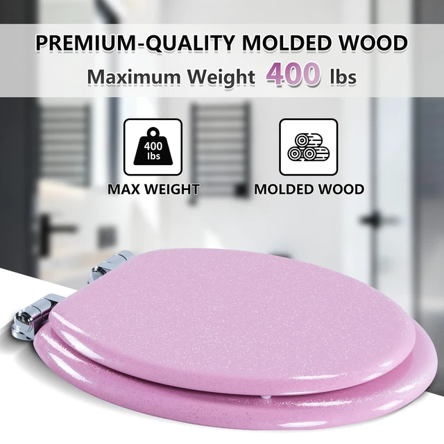 Alt view image 5 of 7 - Glitter Toilet Seat, Slow Close (Round, Pink) Molded Wood Round Toilet Seat, Quiet Close, Quick Release Hinges, Easy to Install and Clean