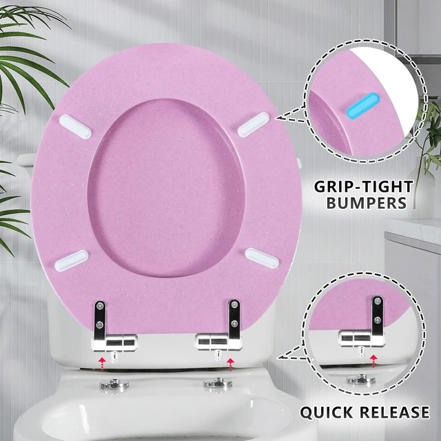 Alt view image 6 of 7 - Glitter Toilet Seat, Slow Close (Round, Pink) Molded Wood Round Toilet Seat, Quiet Close, Quick Release Hinges, Easy to Install and Clean