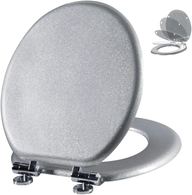 Main image of Glitter Toilet Seat, Slow Close (Round, Silver) Molded Wood Round Toilet Seat, Quiet Close, Quick Release Hinges, Easy to Install and Clean