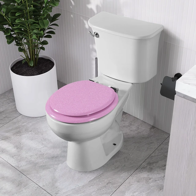 Alt view image 7 of 7 - Glitter Toilet Seat, Slow Close (Round, Pink) Molded Wood Round Toilet Seat, Quiet Close, Quick Release Hinges, Easy to Install and Clean