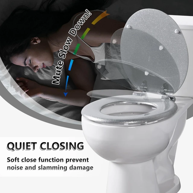 Alt view image 3 of 7 - Glitter Toilet Seat, Slow Close (Round, Silver) Molded Wood Round Toilet Seat, Quiet Close, Quick Release Hinges, Easy to Install and Clean