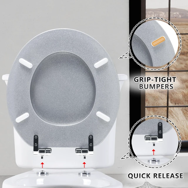 Alt view image 4 of 7 - Glitter Toilet Seat, Slow Close (Round, Silver) Molded Wood Round Toilet Seat, Quiet Close, Quick Release Hinges, Easy to Install and Clean