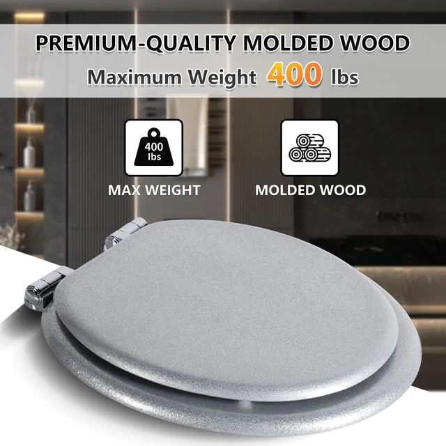 Alt view image 5 of 7 - Glitter Toilet Seat, Slow Close (Round, Silver) Molded Wood Round Toilet Seat, Quiet Close, Quick Release Hinges, Easy to Install and Clean