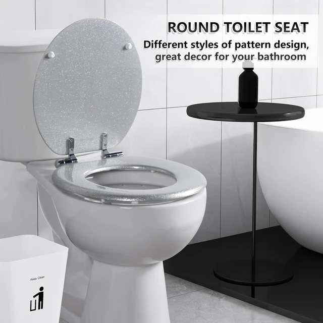Alt view image 6 of 7 - Glitter Toilet Seat, Slow Close (Round, Silver) Molded Wood Round Toilet Seat, Quiet Close, Quick Release Hinges, Easy to Install and Clean