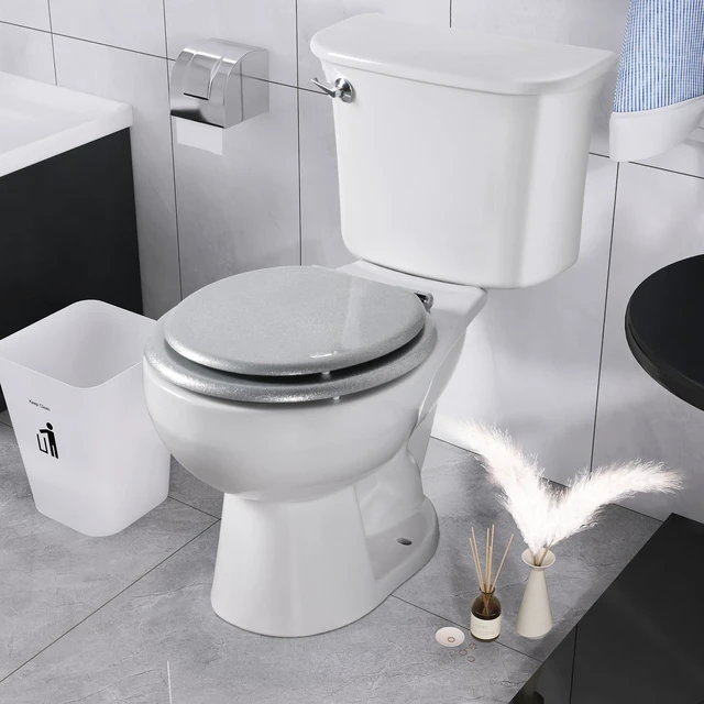 Alt view image 7 of 7 - Glitter Toilet Seat, Slow Close (Round, Silver) Molded Wood Round Toilet Seat, Quiet Close, Quick Release Hinges, Easy to Install and Clean