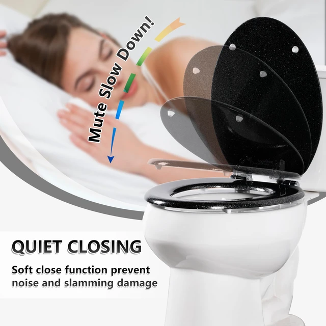 Alt view image 3 of 7 - Glitter Toilet Seat, Slow Close (Elongated, Black) Molded Wood Elongated Toilet Seat, Quiet Close, Quick Release Hinges, Easy to Install and Clean