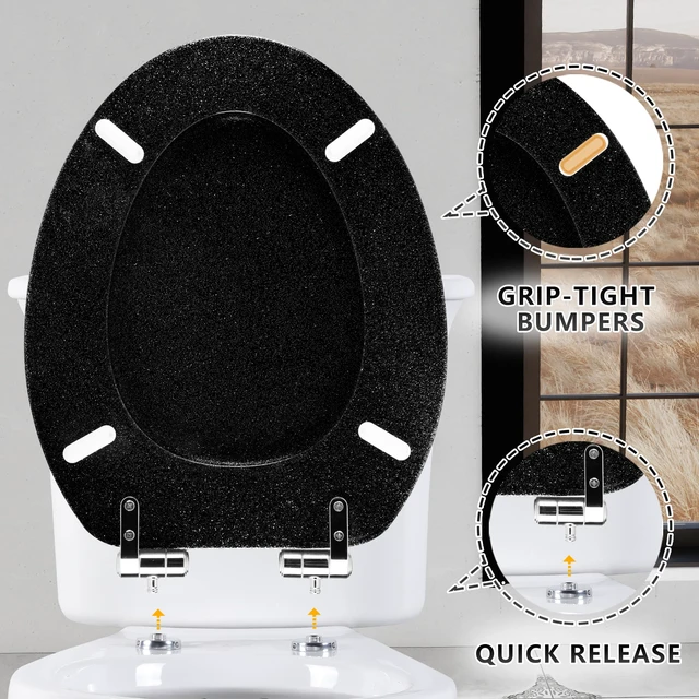 Alt view image 5 of 7 - Glitter Toilet Seat, Slow Close (Elongated, Black) Molded Wood Elongated Toilet Seat, Quiet Close, Quick Release Hinges, Easy to Install and Clean