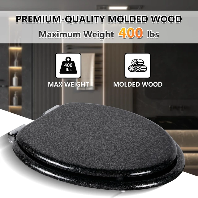 Alt view image 4 of 7 - Glitter Toilet Seat, Slow Close (Elongated, Black) Molded Wood Elongated Toilet Seat, Quiet Close, Quick Release Hinges, Easy to Install and Clean