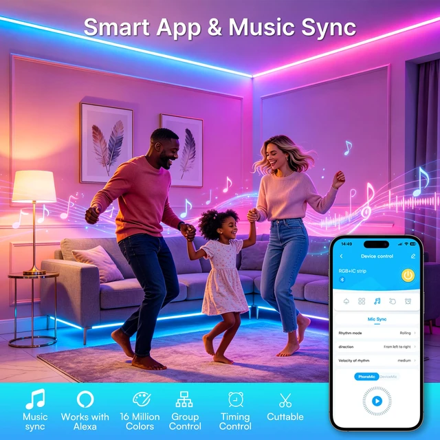 Alt view image 3 of 6 - 90FT Smart Led Strip Lights for Bedroom Alexa Compatible Wireless RGB Music Sync, RGB Color Changing Lights for Room Decor(APP+Remote+Voice control)