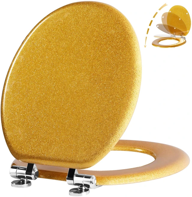 Main image of Glitter Toilet Seat, Slow Close (Round, Gold) Molded Wood Round Toilet Seat, Quiet Close, Quick Release Hinges, Easy to Install and Clean