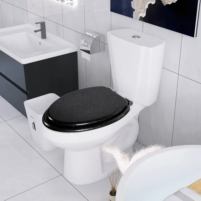 Alt view image 7 of 7 - Glitter Toilet Seat, Slow Close (Elongated, Black) Molded Wood Elongated Toilet Seat, Quiet Close, Quick Release Hinges, Easy to Install and Clean