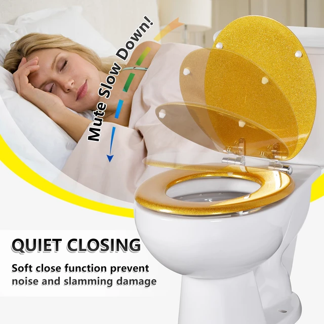 Alt view image 3 of 7 - Glitter Toilet Seat, Slow Close (Round, Gold) Molded Wood Round Toilet Seat, Quiet Close, Quick Release Hinges, Easy to Install and Clean
