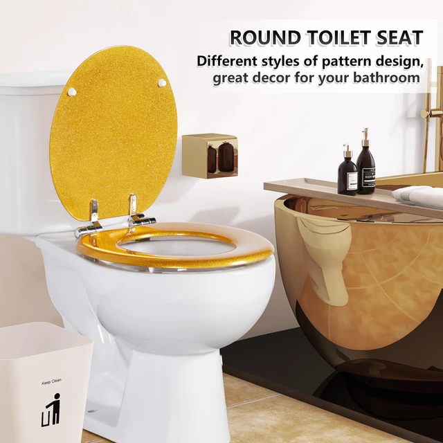 Alt view image 4 of 7 - Glitter Toilet Seat, Slow Close (Round, Gold) Molded Wood Round Toilet Seat, Quiet Close, Quick Release Hinges, Easy to Install and Clean