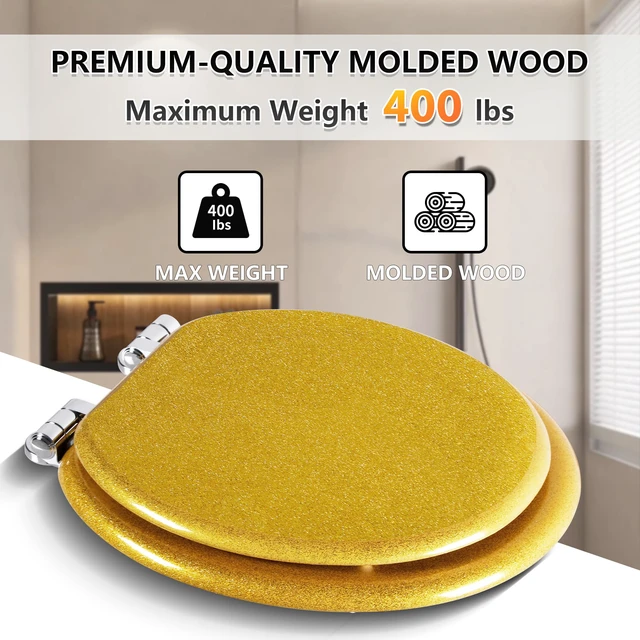 Alt view image 5 of 7 - Glitter Toilet Seat, Slow Close (Round, Gold) Molded Wood Round Toilet Seat, Quiet Close, Quick Release Hinges, Easy to Install and Clean